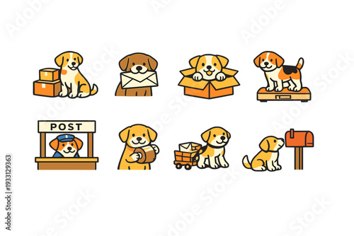 Cute cartoon dogs delivering mail and packages in various scenarios