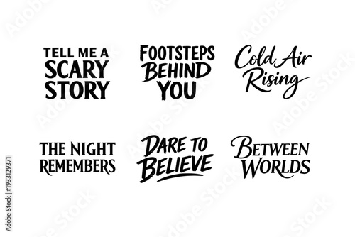 Collection of eerie and mysterious phrase designs in bold typography