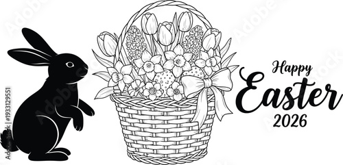 Black rabbit stands beside a large Easter basket filled with flowers.
