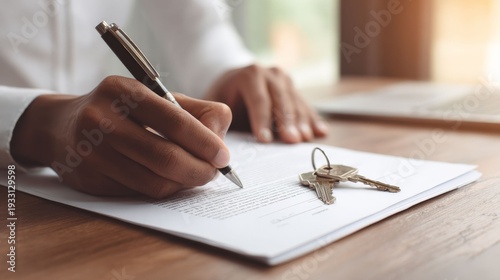 Signing the Deal: A close-up shot of a person's hand signing a document with keys resting nearby, representing a pivotal moment in property purchase.