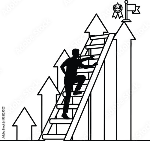 Silhouette of a person climbing a ladder toward success.