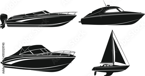 Black Silhouette Set of Modern Powerboats and Luxury Sailing Yacht, Speedboat with Outboard Motor, Nautical Marine Transportation Icons for Summer Travel.
