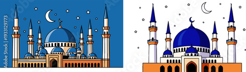 Detailed illustration of a magnificent mosque structure featuring multiple minarets and a prominent central dome illuminated beautifully under a starry night sky perfect for religious concepts.