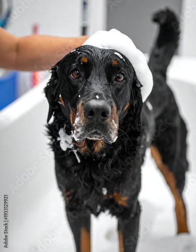 Wet dog in tub gets soapy bath. Adorable eyes. Cleanliness in progress