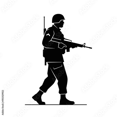Silhouette of a Soldier Walking with Rifle, Military Uniform, Helmet, and Backpack