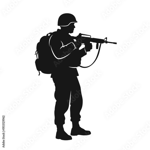 Silhouette of a soldier with a rifle and backpack, standing ready