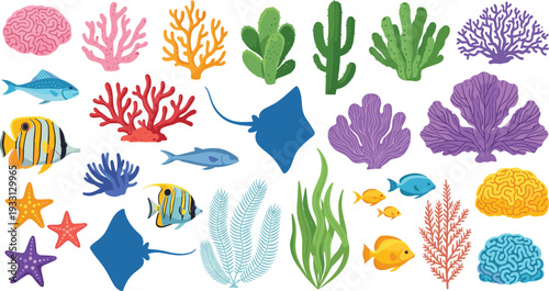Underwater coral and tropical fish collection with marine plants and ocean reef elements