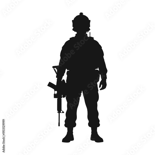 Silhouette of a soldier with rifle, standing ready, military, army, weapon, uniform, helmet