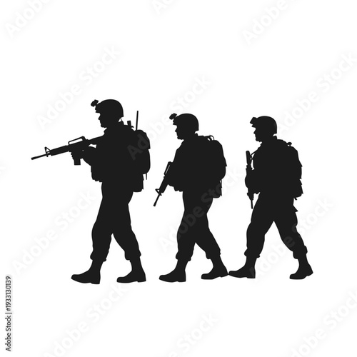 Silhouette of three soldiers walking with rifles, military, army, combat, teamwork, duty