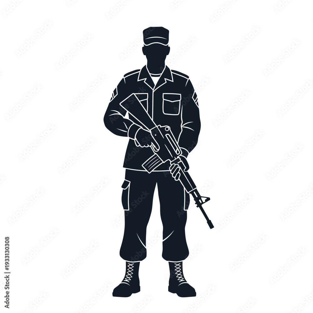 Fototapeta premium Silhouette of a soldier standing guard with a rifle, military uniform, national defense concept