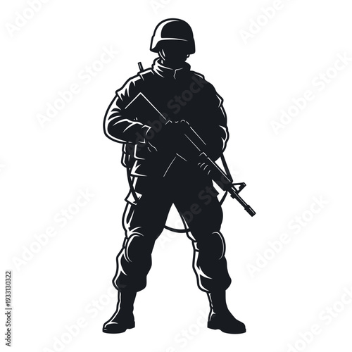 Silhouette of a soldier standing with a rifle, ready for action