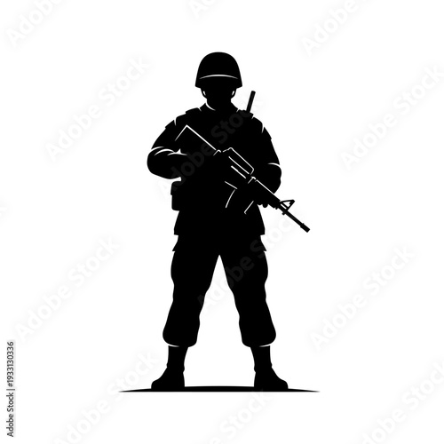 Silhouette of a Soldier Standing with Rifle, Military Concept, Black and White