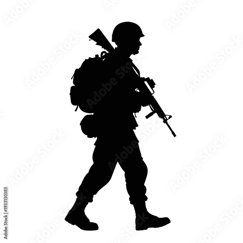 Silhouette of a soldier walking with a rifle and backpack, military concept