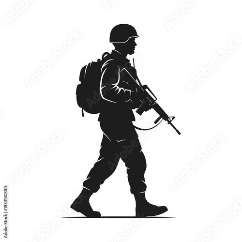 Silhouette of a soldier walking with a rifle and backpack, military concept