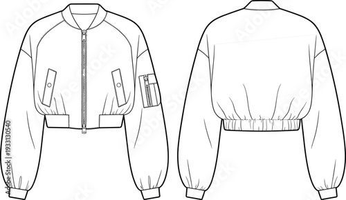 A black and white line of a bomber jacket with a zipper front and elasticated cuffs and hem line zipper