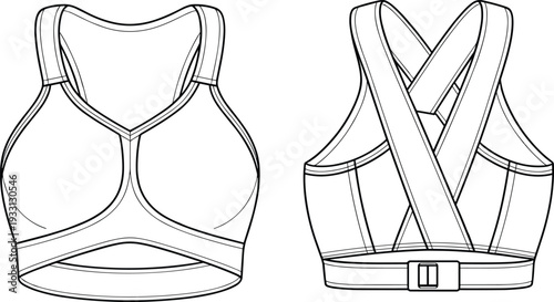 Black and white line of two different bra with intricate straps and a belt detail lingerie line straps