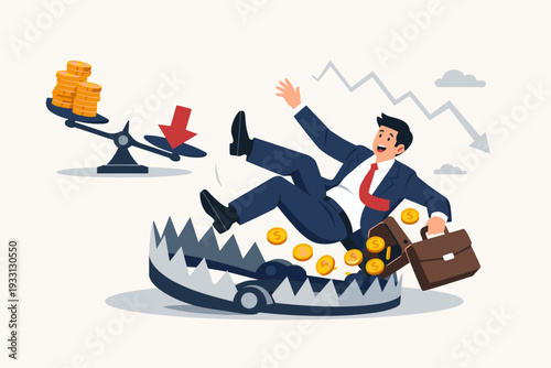Businessman in Suit Falling into Large Bear Trap with Gold Coins Spilling from Briefcase, Concept of Financial Risk, Economic Loss, Market Crash, Debt Crisis, and Unstable Investment Balance.