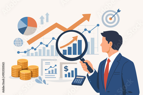 Professional businessman in suit analyzing financial market growth and investment data with magnifying glass, featuring bar charts, pie graphs, rising arrows, gold coins, and calculator for success.