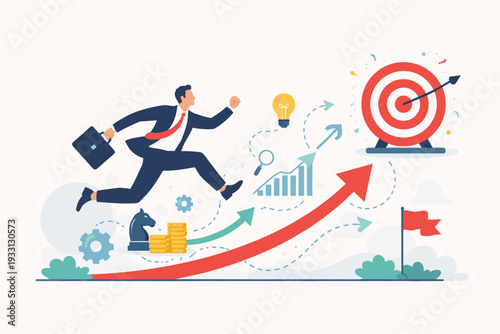 Ambitious businessman jumping towards a target bullseye with icons for strategy, ideas, growth, and finance. Concept of action plan, goal achievement, professional success, and leadership.