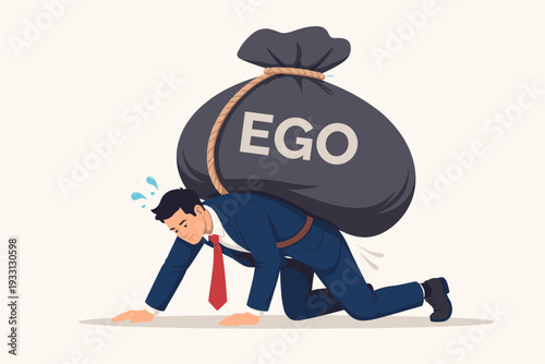 Businessman in a suit crawling on all fours, struggling under the immense weight of a giant black bag labeled EGO, tied to his back with rope, symbolizing the burden of pride and arrogance.