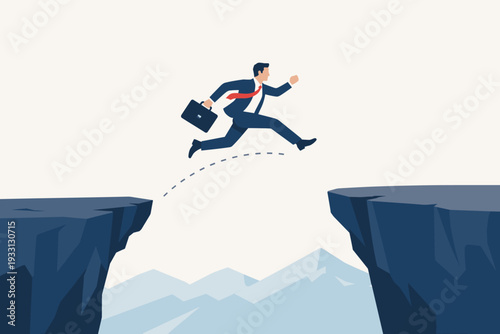Businessman jumping over a gap between two cliffs, symbolizing business challenge, success, risk, and ambition. Flat vector illustration of a professional overcoming obstacles to reach goals.