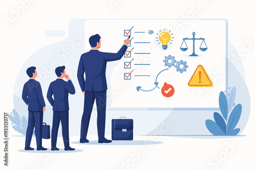 Business Leader Drawing Corporate Regulations and Strategic Planning on Whiteboard for Team, Concept of Compliance, Risk Management, Idea Generation, and Process Optimization in Flat Vector Style