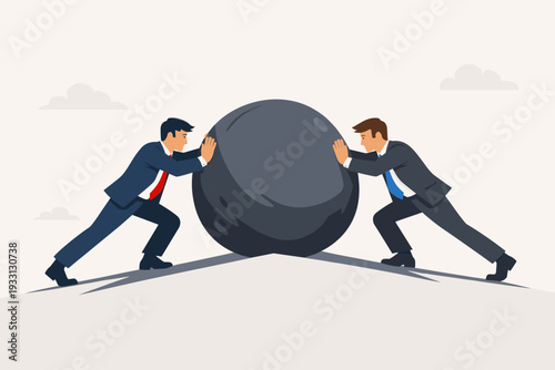 Two businessmen in formal suits pushing a massive stone boulder against each other on a mountain peak, representing leadership rivalry, corporate competition, conflict, and business struggle.