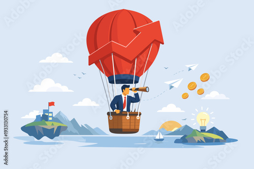 Businessman in Red Hot Air Balloon with Upward Growth Arrow Looking Through Spyglass for New Business Opportunities, Innovation and Success Strategies over Floating Islands Vector Illustration