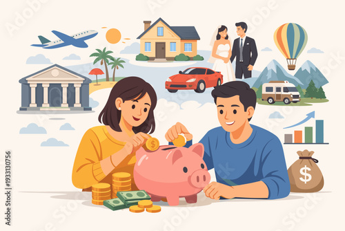 Happy young couple saving money in a pink piggy bank for future goals like buying a house, car, wedding, travel, and investments, financial planning, budget and wealth management concept vector.