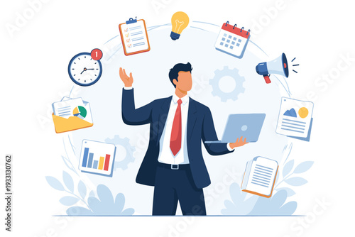 Multitasking Businessman Juggling Work Tasks and Managing Time Concept with Project Management, Productivity, Efficiency, Deadline, Business Strategy, and Office Workflow Vector Illustration.
