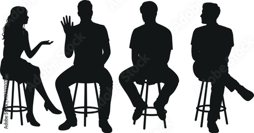 Set of black silhouettes featuring men and women sitting on high bar stools and gesturing in various expressive poses isolated on white background.