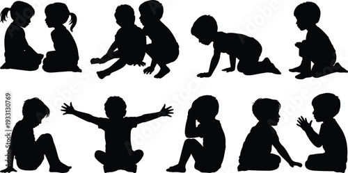 Set of black silhouettes featuring young children and toddlers sitting playing crawling and gesturing in various expressive poses isolated on white background for vector design.