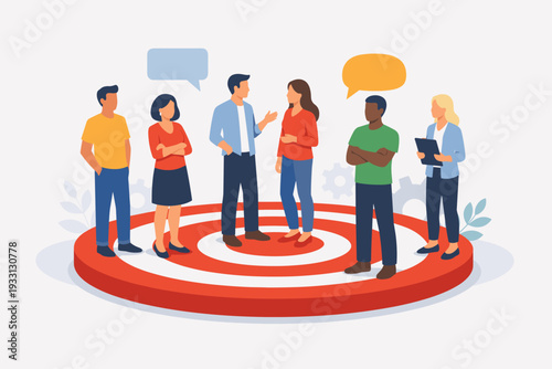 Diverse People Standing on a Large Target for Market Research and Focus Group Analysis. Concept of Target Audience, Consumer Behavior, Public Survey, Demographic Data, and Marketing Strategy.