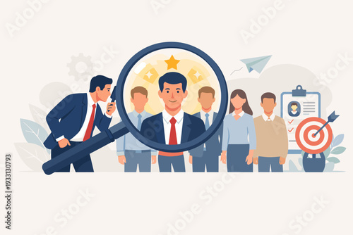 Recruitment and HR Concept with Human Resources Manager Finding Best Candidate for Job Vacancy Using Magnifying Glass. Talent Acquisition, Employee Selection, and Career Hiring Illustration.