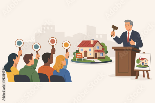 Real estate auction vector concept with auctioneer holding gavel at podium and diverse group of buyers holding up bidding paddles to buy a house for sale, property investment and market competition.