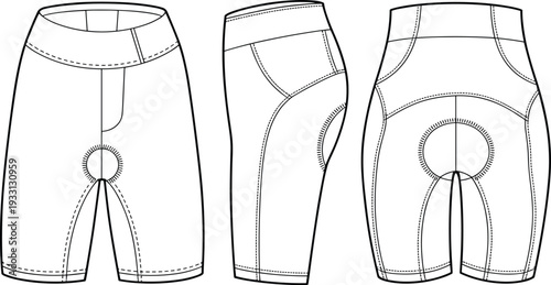 Three Different Styles of Shorts with Detailed Seam Patterns and Crotch clothing seams