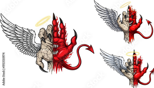 Striking illustrative representation of a powerful split hand depicting the eternal struggle between good and evil featuring angelic wings and demonic claws against a white background.