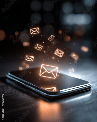 Digital Communication: A sleek smartphone is illuminated, with glowing email icons emanating outwards, symbolizing the seamless flow of modern communication and digital connectivity.