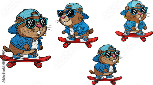 Dynamic cartoon groundhogs in hip-hop attire, wearing backward caps, sunglasses, denim jackets, and sneakers, are actively skateboarding on red boards. This lively illustration perfectly captures an e