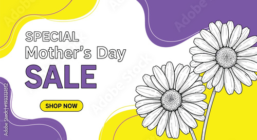 Special Mother's Day Sale promotional banner featuring black and white daisy flower illustrations on a vibrant yellow and purple abstract background.