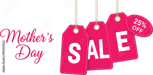 Mother's Day sale promotion graphic illustration featuring pink price tags with 25% off discount on a clean white background