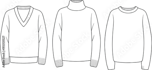 Three Different Styles of White Sweaters with Ribbed Cuffs and Collars