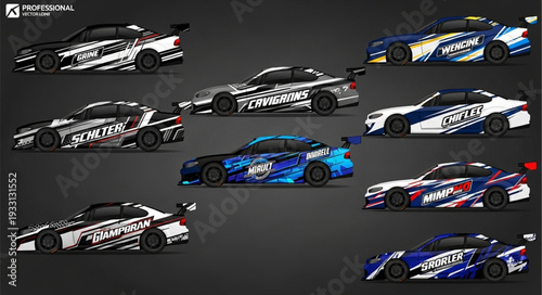 Collection of drift cars with unique and eye-catching racing liveries on display.