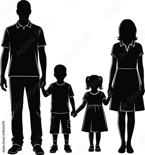 Title: Black silhouette family of four holding hands walking together symbolizing unity parenting protection and traditional nuclear family values in simple graphic  