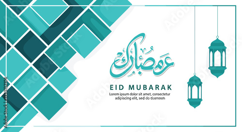 Modern Eid Mubarak greeting card with teal geometric pattern hanging lanterns and bilingual calligraphy blending contemporary design with traditional festive symbolism