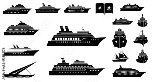 Collection of various cruise ships and boats in silhouette form for design purposes.