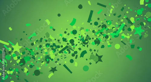 Vibrant green confetti and stars exploding in air festive celebration background with bright lime and dark green shapes