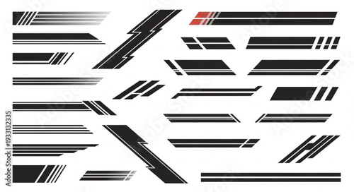 Collection of various car racing stripes and vehicle decals in black color.