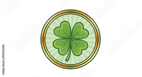 Lucky green four leaf clover in gold coin circle symbolizing good fortune and prosperity on white background