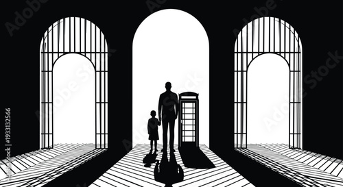 Dramatic black and white architectural silhouette of father and child standing together in a grand arched hall with long shadows.